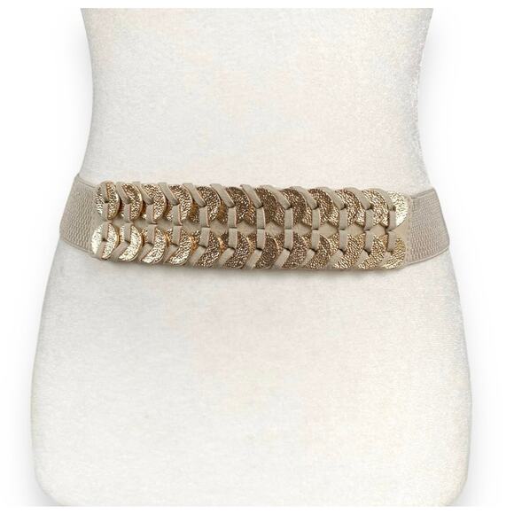 Vntg 80s Cinch Waist Belt Sz S/M Beige Elastic
Stretch Gold Faux Leather Y2k - Picture 1 of 10